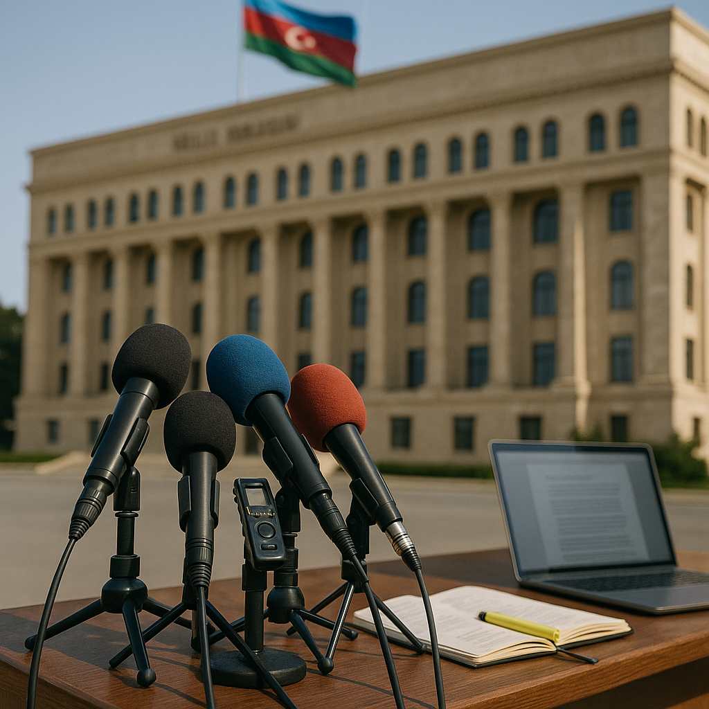 Press microphones and a reporter’s tools in front of Azerbaijan’s parliament under daylight, symbolizing